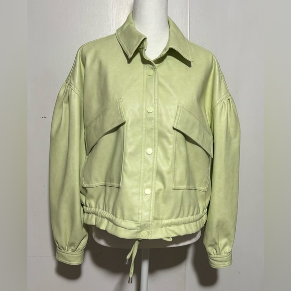 7 For All Mankind Light Green Faux Leather Crop Bomber Jacket Size XS - Picture 2 of 7